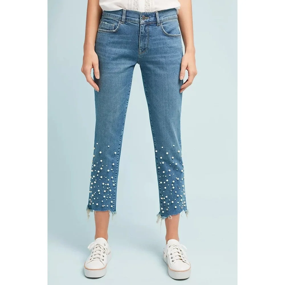 Pilcro Hyphen Pearl Mid-Rise Relaxed Boyfriend Jeans 25 Petite Embellished Crop - Picture 1 of 16